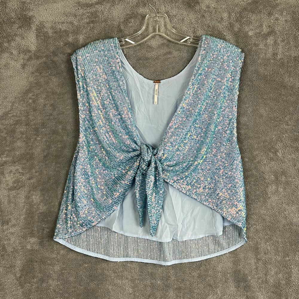Free People Erin Sequin Top Womens XS Blue Tie‎ Front Boho Festival Hippie